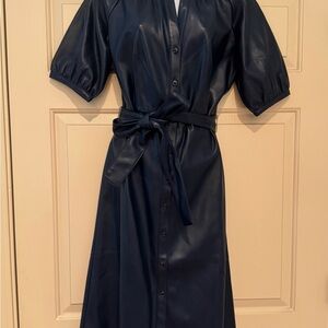 Ann Taylor Navy Blue Faux Leather Midi Dress